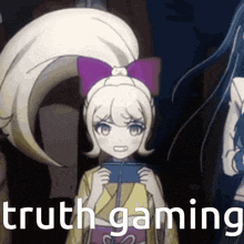 a girl with a pink bow on her head is holding a video game controller and the words truth gaming are below her .