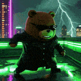 a brown teddy bear wearing sunglasses and a black jacket