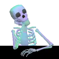 a skeleton with a purple skull is sitting on a black table