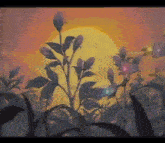 a painting of flowers in a field with the sun in the background