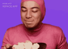 a man in a pink suit is smiling with the words made with reface app below him