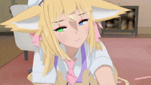 a girl with yellow hair and green eyes is wearing a white shirt and pink tie