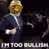 a man in a suit and tie is holding a microphone and says " i 'm too bullish " on the bottom