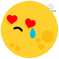 a yellow smiley face with red hearts in its eyes and a blue tear