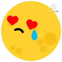 a yellow smiley face with red hearts in its eyes and a blue tear