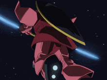 a red robot is holding a light sword in its right hand