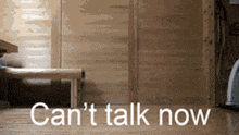 a sign that says " can 't talk now " in front of a wooden door