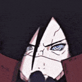 a close up of a cartoon character with blue eyes