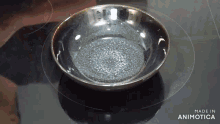 a bowl of water is on a stove with the words made in animotica visible