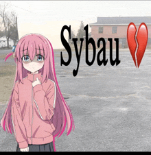 a girl with pink hair is standing in front of a building with the word sybau on it