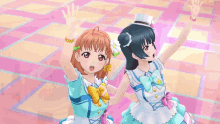 a couple of anime girls standing next to each other with hearts in the background