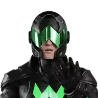 a man in a black and green superhero costume with green goggles