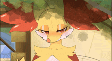 a cartoon drawing of a fox with red eyes and a yellow body