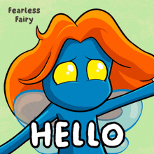 a cartoon of a blue fairy with orange hair saying hello