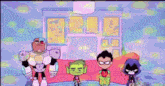 a group of cartoon characters standing next to each other in a room