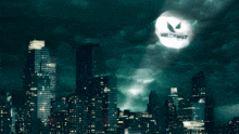 a city skyline with a logo for valorant floating in the sky