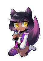 a cartoon of a girl with a purple tail drinking a drink with a straw