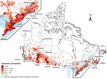 a map of canada shows the number of people in each city