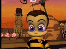 a cartoon of a bee with purple eyes and a close button