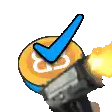 a cartoon of a gun shooting a coin with a blue check mark .