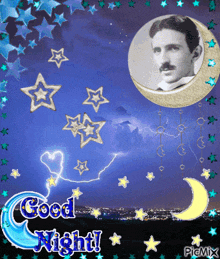 a picture of a man with a mustache is surrounded by stars and the words " good night "