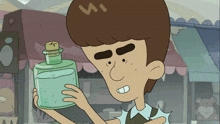 a cartoon character is holding a bottle with a cork and the letter w on his head