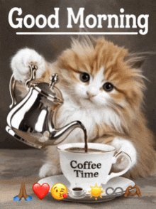 a cat is pouring coffee into a cup which says coffee time