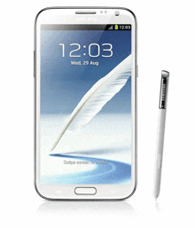 a samsung phone with a pen next to it shows the time as 12:03