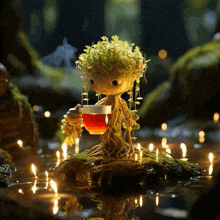 a figurine of a tree holding a cup of tea surrounded by candles