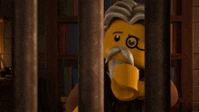a lego man with a beard and mustache is behind bars