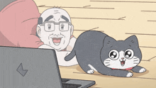 a cartoon of a man laying on the floor next to a cat and a laptop with the letter l on it