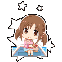 a cartoon girl is sitting on a boat holding a cake and ice cream .