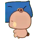a cartoon bear is sleeping with a blue pillow on its head .