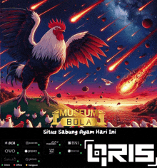 a poster for museum bola with a rooster and chickens on it