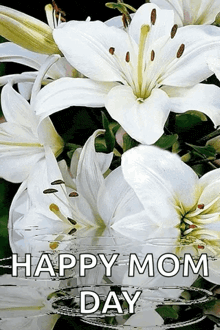 a happy mom day card with white lilies and the words happy mom day