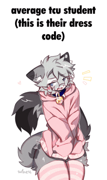 a drawing of a wolf wearing a pink hoodie and knee high socks