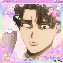a picture of levi ackerman is surrounded by colorful hearts and stars