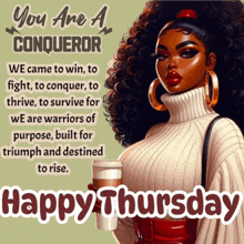 a happy thursday message with a woman holding a coffee cup