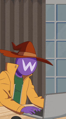 a cartoon character with a purple hat and a white w on his face