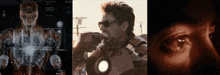 a man in an iron man suit is eating a piece of food