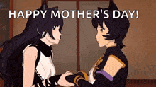 a couple of anime girls are holding hands and wishing each other happy mother 's day .
