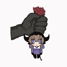 a drawing of a hand holding a rose over a cartoon character