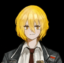 a girl with yellow hair has a patch on her jacket that says nd3