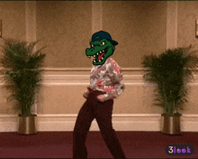 a person with a crocodile head dancing in a room