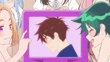 a group of anime girls are looking at a picture of a boy on a television screen