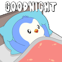a cartoon of a penguin sleeping in a bed with the words goodnight written above it