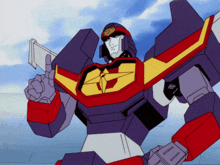 a cartoon robot is holding a gun and making a peace sign