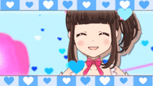 a girl is smiling with hearts around her