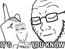 a black and white drawing of a man wearing glasses and a sign that says `` it 's a fact you know ''