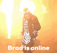 a man in a mask is walking in front of a fire with the words brad is online below him